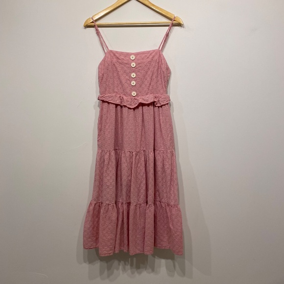 En Saison Tiered Button Front Ruffle Eyelet Midi Cottagecore Pink Medium - Picture 2 of 5